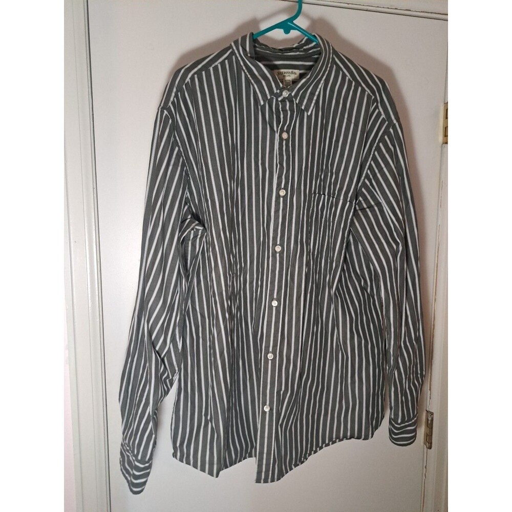 St Johns Bay 80's 2 Ply Button Down Green Striped Shirt Men's XL